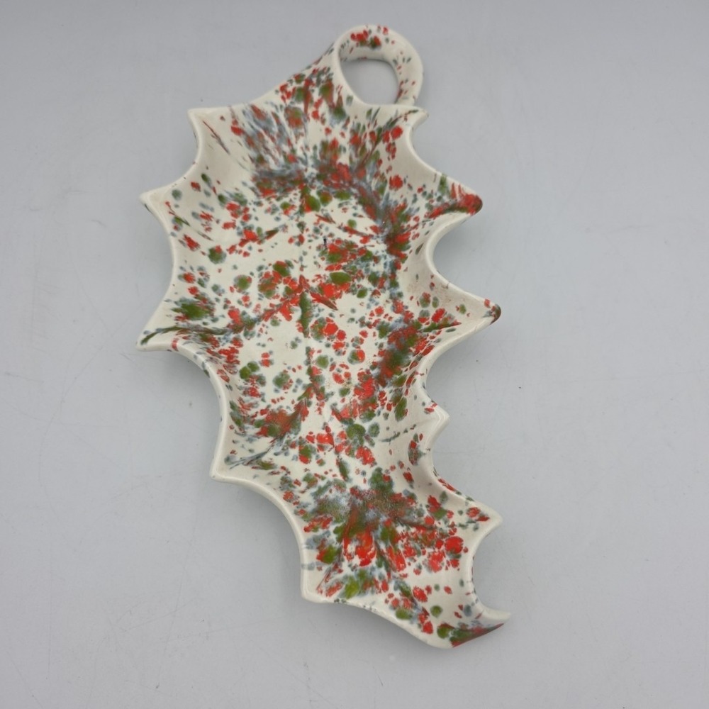 Vintage Retro Splatter Candy Dish Holly Leaf Tray Christmas Ashtray 12 X 6"